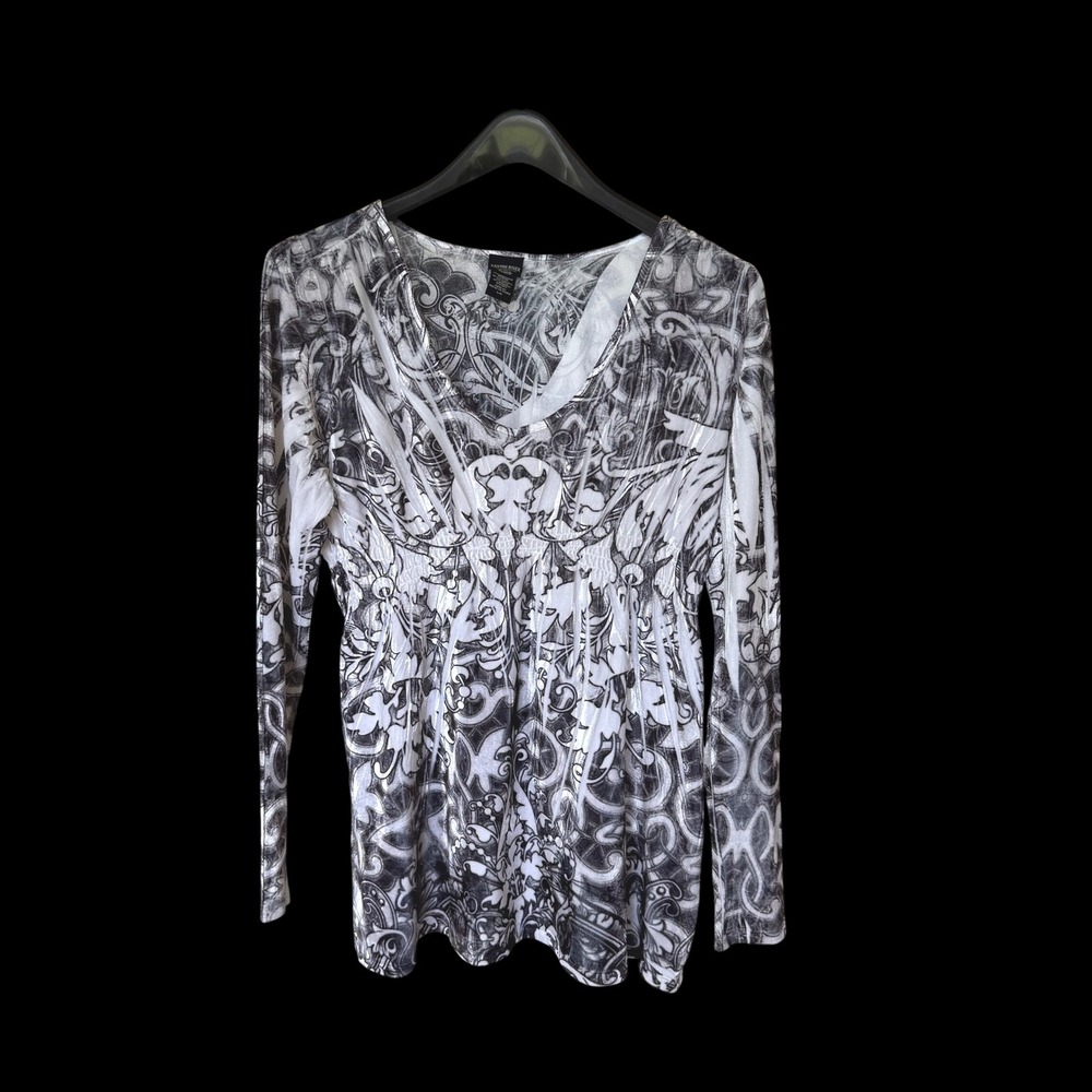 Y2K Canyon River Blues Large Damask Print Long Babydoll Smocked Empire Top L